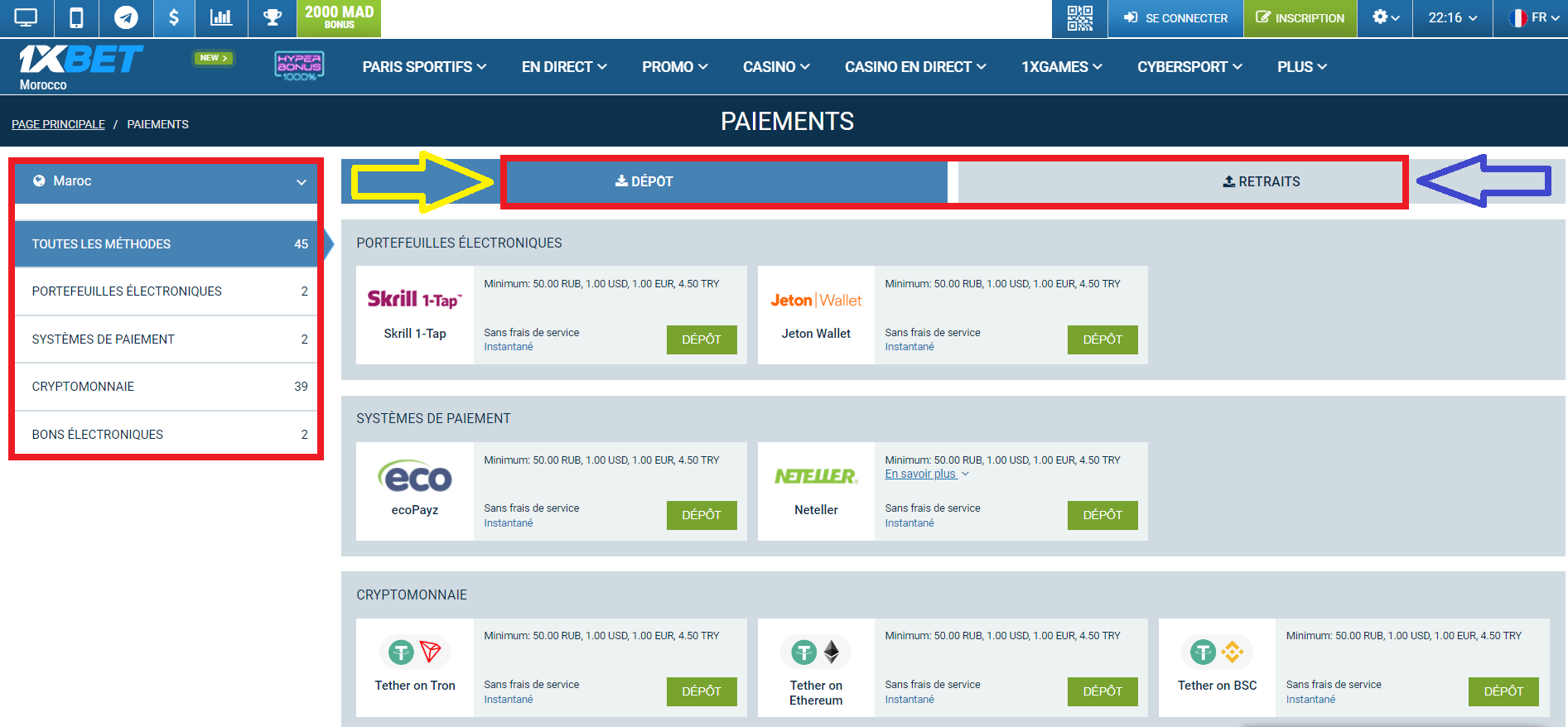 Méthodes de paiement 1xBet disponibles pour le dépôt